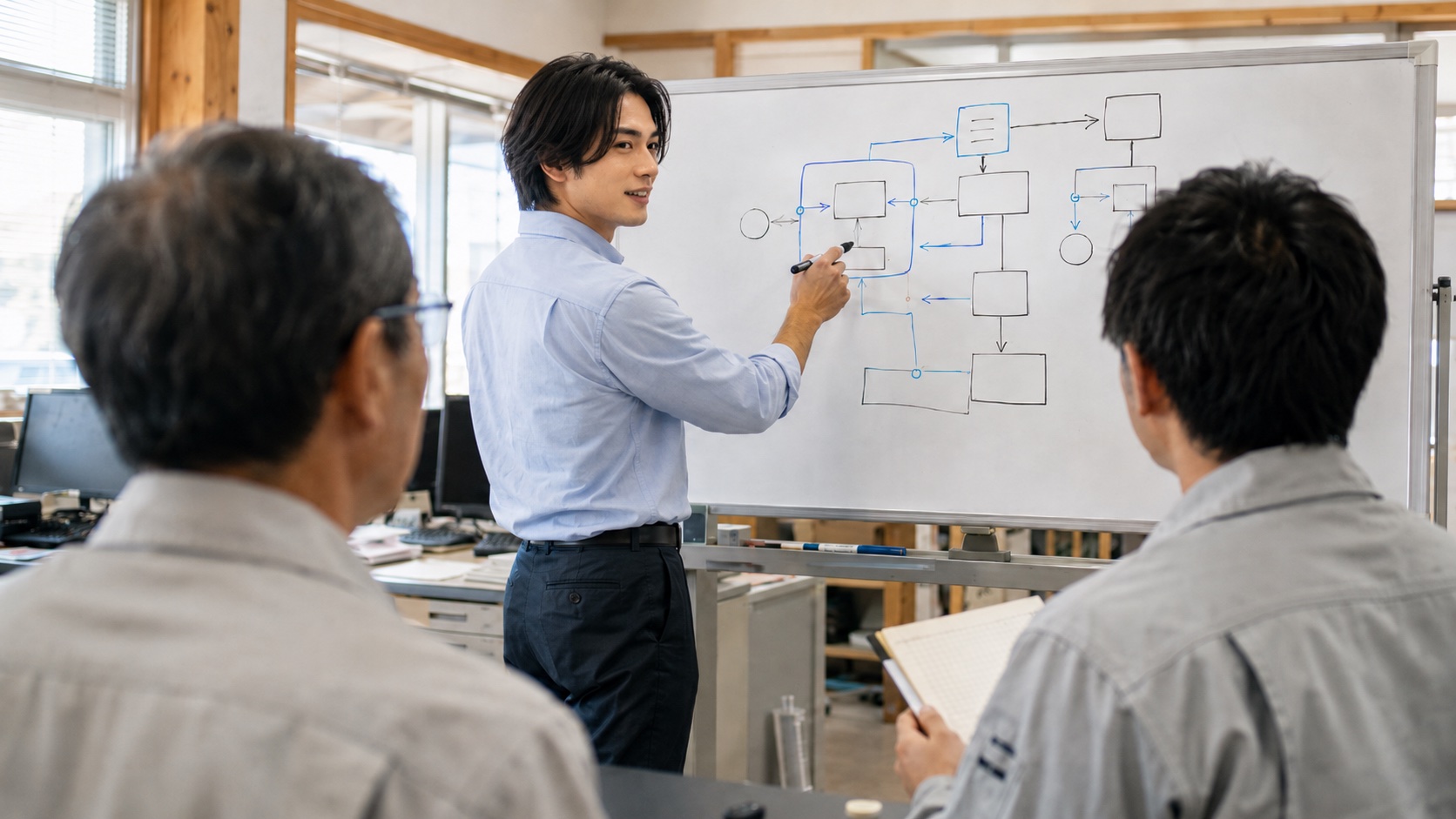 訪問先の現場で業務フローをホワイトボードに書きながら社員と一緒に整理する様子