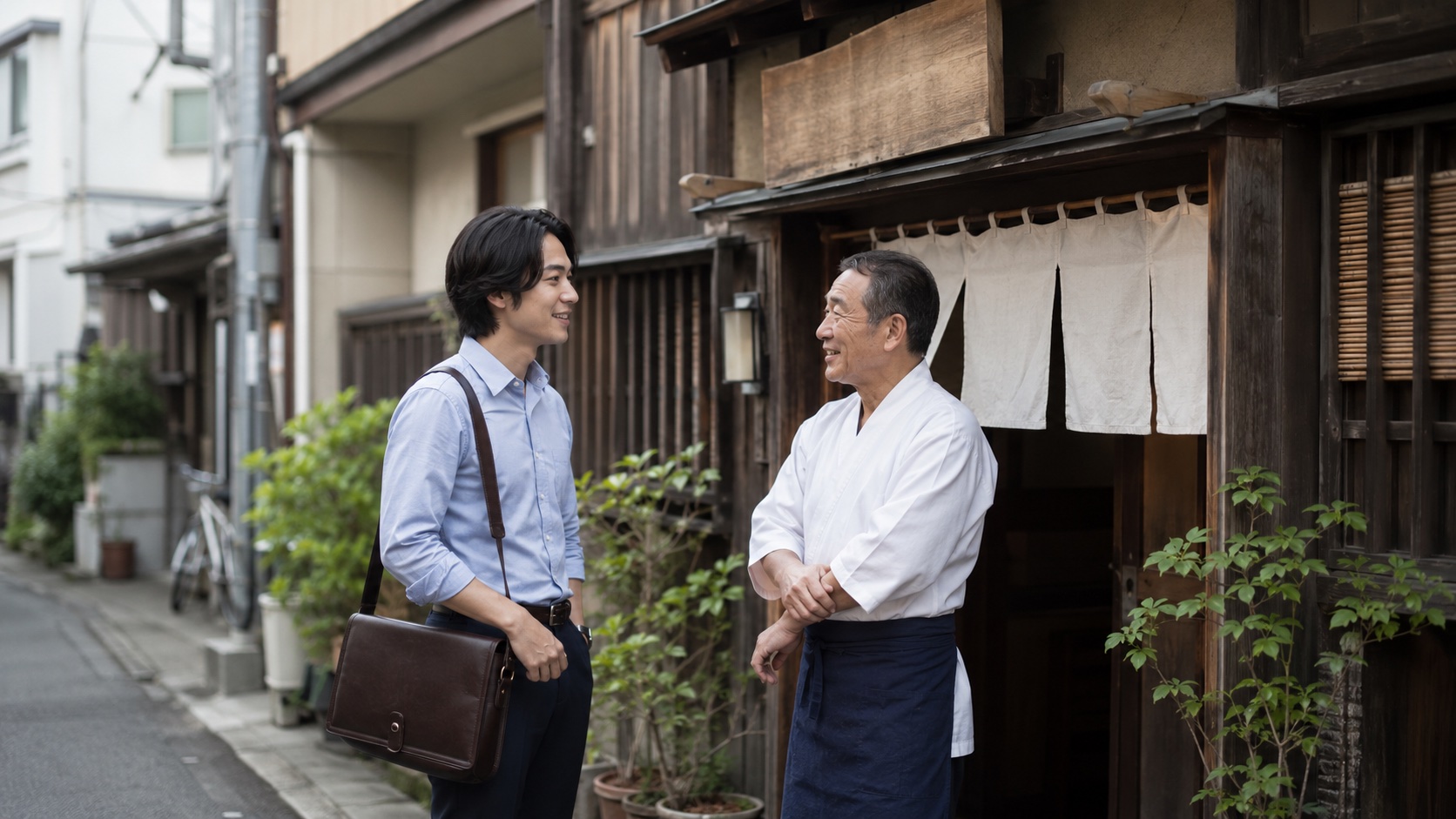 街角の小さなお蕎麦屋さんの店主と店先で打ち合わせをする様子